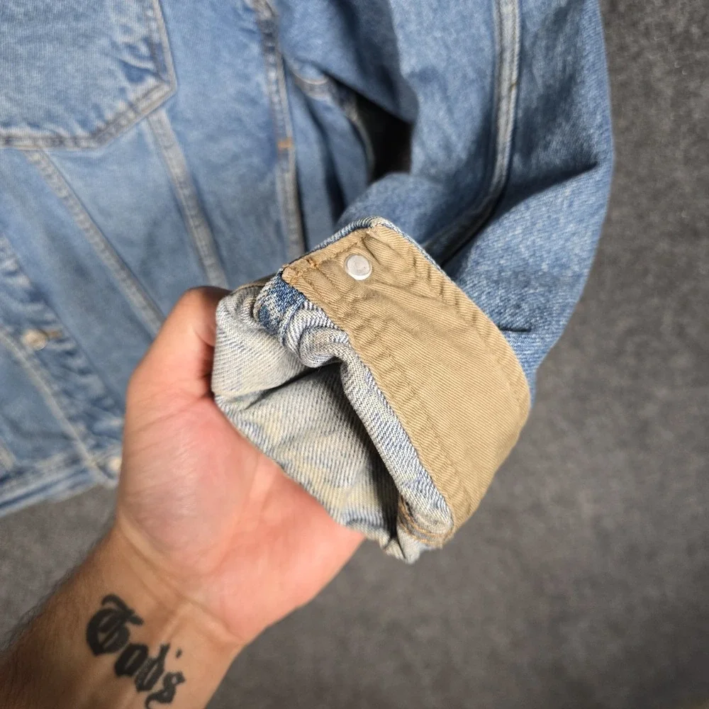 Vintage 90s Tommy Hilfiger Denim Jacket Mens Large Blue Jean Crest Logo Pockets - Picture 7 of 8
